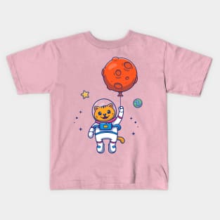 Cute Cat Astronaut Holding Planet Balloon In space Cartoon Kids T-Shirt